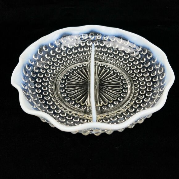 Hobnail Divided Dish Fenton Clear Glass Opalescent Ruffle Edge Candy Relish Vtg - Picture 1 of 12